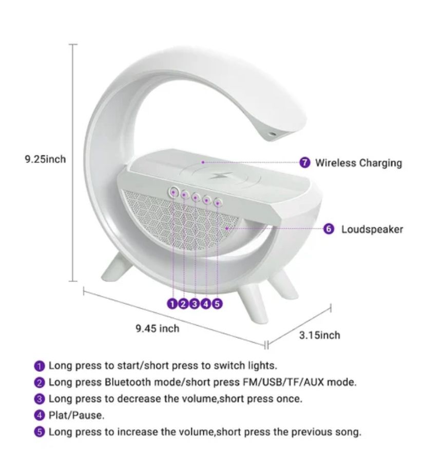 G-Shape Bluetooth Speaker with FM Radio RGB Light Table Lamp Wireless Charger