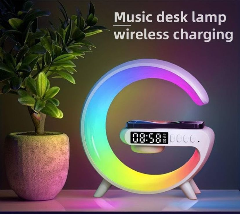 G-Shape Bluetooth Speaker with FM Radio RGB Light Table Lamp Wireless Charger